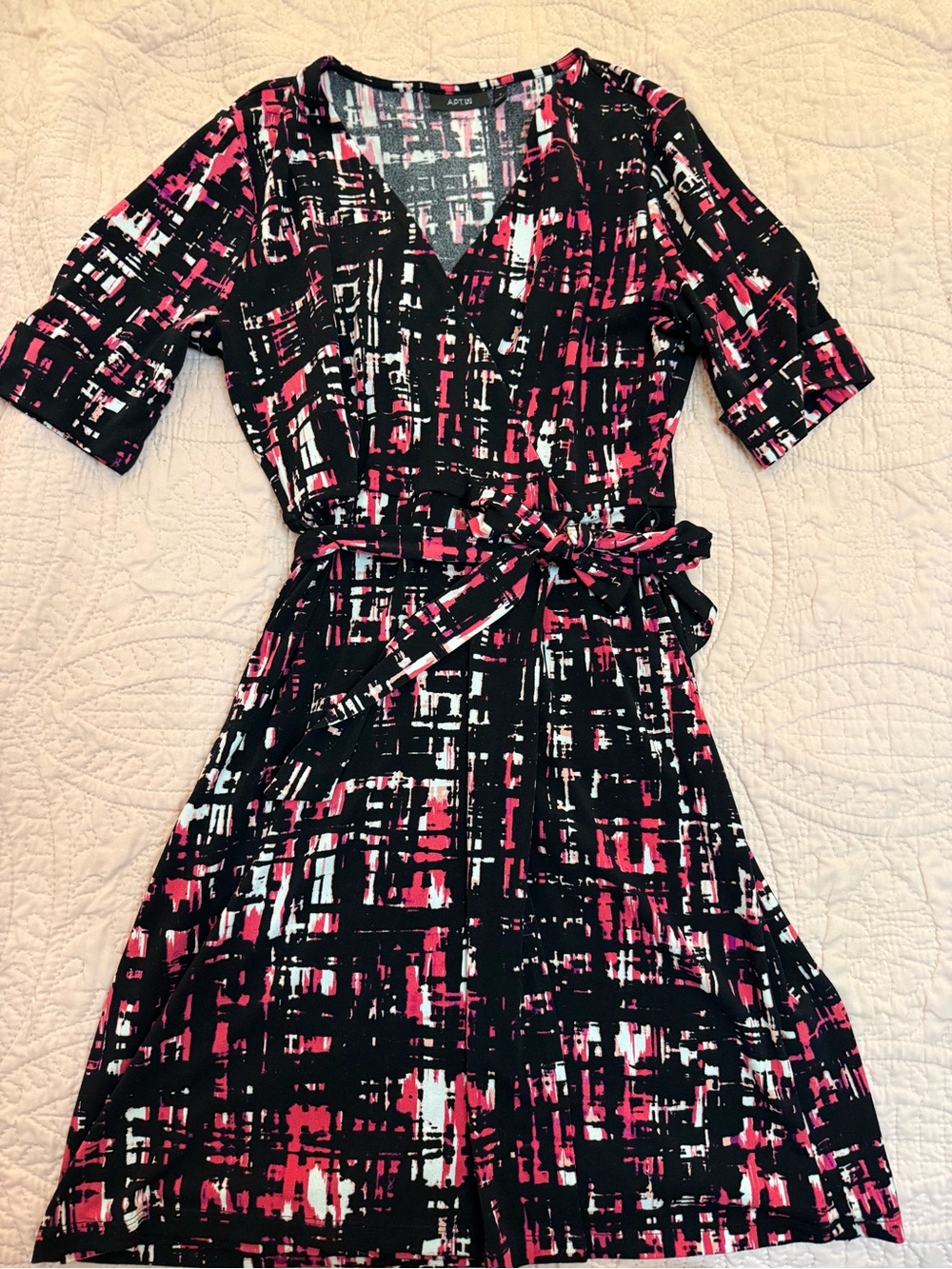 Apt. 9 Black, Pink and White Abstract Midi Wrap Dress